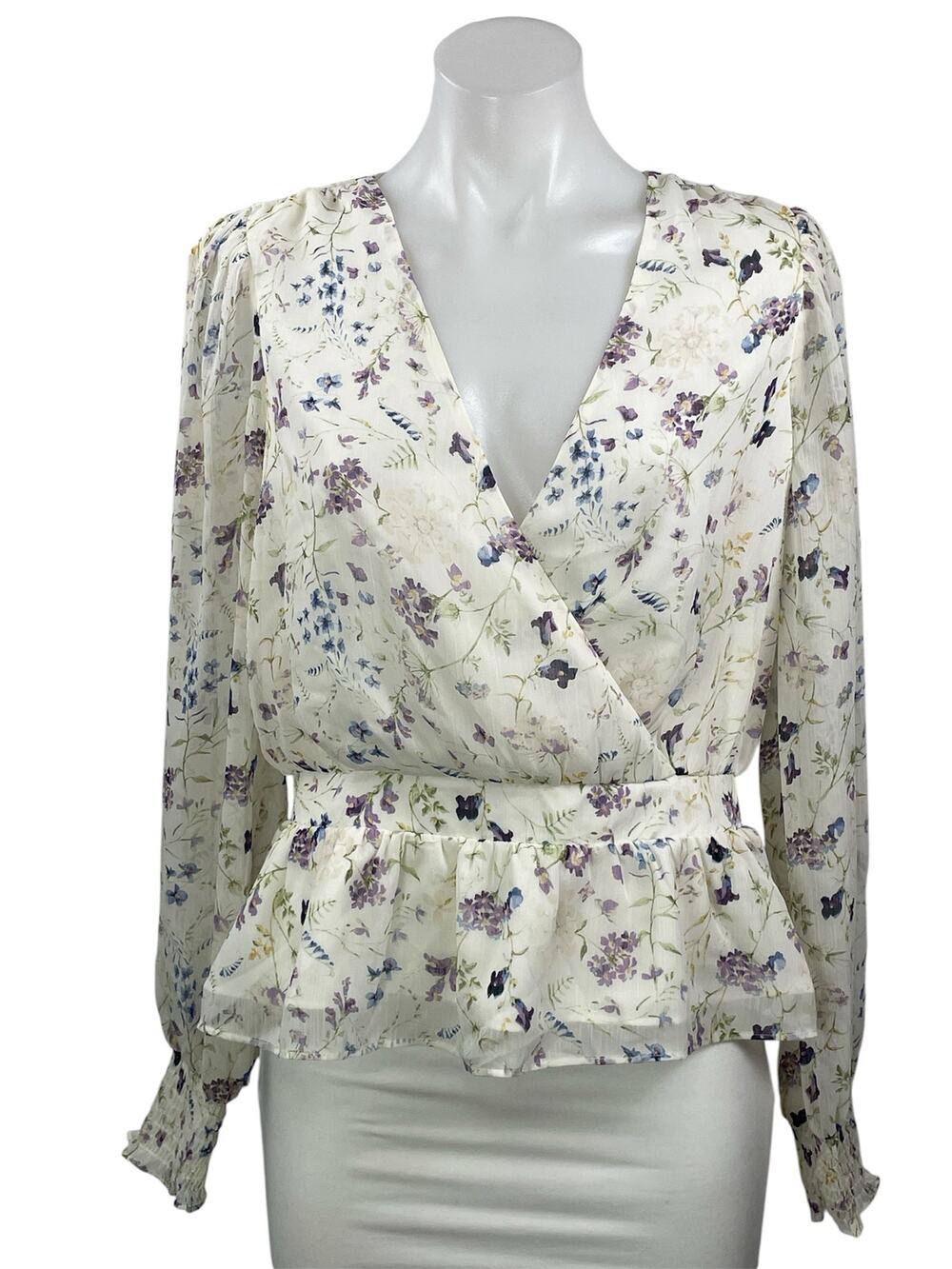 NEW Express Women's White Floral Long Sleeve V Neck Peplum Blouse Top Size M